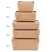 A stack of Fold-Pak Bio-Plus-Earth paper take-out boxes with measurements.