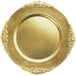 A Charge It by Jay gold plastic charger plate with a leaf and swirl design.