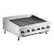 A stainless steel natural gas radiant charbroiler with adjustable grates and five control knobs.