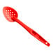 A red Cambro Camwear perforated salad bar spoon.