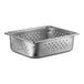 A stainless steel 1/2 size steam table pan with holes in the bottom.