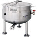 A Cleveland 80 gallon stainless steel steam kettle with a red handle and lid.