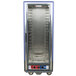 A blue Metro heated holding and proofing cabinet with shelves.