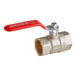 A Vollrath brass ball drain valve with a red handle.