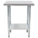 A stainless steel work table with a galvanized undershelf.