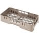A beige plastic Cambro Camrack with white grid and open compartments.