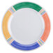 A white plate with colorful stripes on the rim.