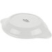 A white Tuxton round china shirred egg dish with a logo on it.