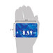 A hand using a blue Ketchum Manufacturing deli number tag to hold a number card.