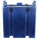 A navy blue Cambro insulated soup carrier with black handles.