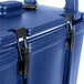 A navy blue Cambro insulated soup carrier with black handles and a latch.