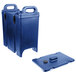A blue plastic container with black handles and a lid.