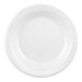 A close-up of a Dart white foam plate with a white border