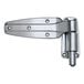 A metal door hinge with a polished finish and multiple screw holes for mounting.