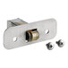 A metal door catch with a roller and two screws.