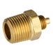 A brass threaded male connector with a gold nut.