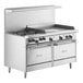 A commercial stainless steel 60-inch range with four burners, a 36-inch griddle, and two standard ovens.