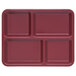 A dark cranberry rectangular tray with four square compartments.