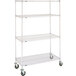 a metal shelving unit with wheels