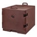 A dark brown plastic box with black handles.