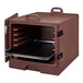 A dark brown plastic Cambro tray/sheet pan carrier with an open lid.