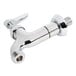A chrome plated T&S single sink faucet with a lever and a nozzle.