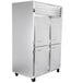 A stainless steel Traulsen reach-in refrigerator with two doors.