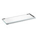 A white rectangular glass shelf with a silver border.