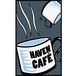 A white entrance mat with a blue and white line and a cartoon of a cup of coffee.