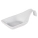 A white porcelain spoon with a curved handle.