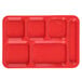 A red Carlisle polypropylene tray with six compartments.