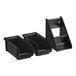 A black metal Vollrath condiment bin stand with three black plastic bins on each tier.