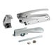 A chrome latch kit with a strike, handle, rod, and mounting hardware.