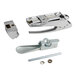 A chrome latch and strike set with additional hardware components.