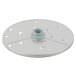 A Robot Coupe 1/4" grating/shredding disc, a circular metal plate with holes in it.