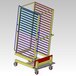 A drawing of a roll-in pan cart with shelves.
