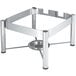 A silver stainless steel stand with a tray on it.
