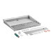 A stainless steel tray with various metal steam equipment parts and accessories.