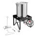 A 30-quart aluminum turkey fryer kit with a large pot, lid, burner stand, hose, and various frying accessories.