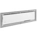 A stainless steel window with a white frame.