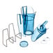 A blue plastic container with a lid and a metal holder with a San Jamar Saf-T-Ice Scoop inside.