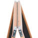 An Aarco oak A-frame sign board with black marker board on metal hinges.