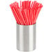 A Tablecraft stainless steel sugar caddy filled with red plastic straws.