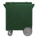 A large forest green mobile ice bin with two large wheels and two smaller caster wheels.
