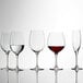 A group of Stolzle burgundy wine glasses on a white background.