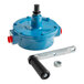A blue manual pump with a detachable handle and a hex nut, designed for use with Giles equipment.