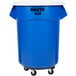 A blue Rubbermaid trash can with wheels.