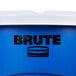 A blue Rubbermaid BRUTE trash can with white lid.