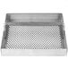 A stainless steel floor sink strainer with a metal grid with holes.