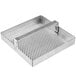 A stainless steel floor sink strainer with a metal tray with holes.